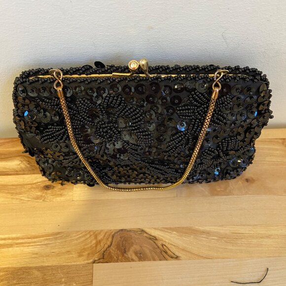 Vintage Du-Val Black Beaded & Sequined Evening Clutch Purse With Gold Chain Hand - Picture 5 of 13